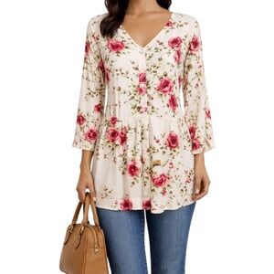 Pyramid Collection Floral Bell Sleeve Button Front Blouse Size Small